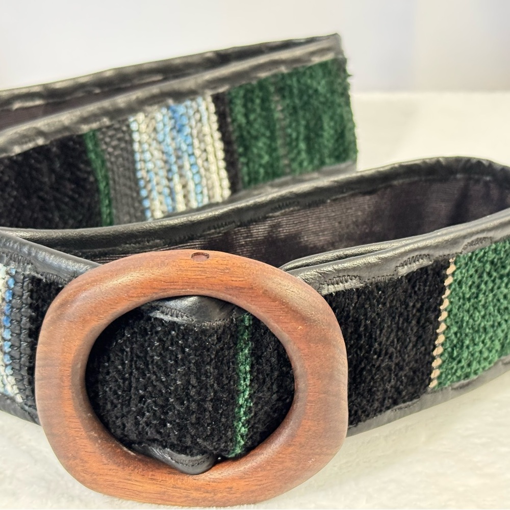 Retro Women’s Boho Black Green White Blue Soft Belt Oversize Wooden Buckle Large